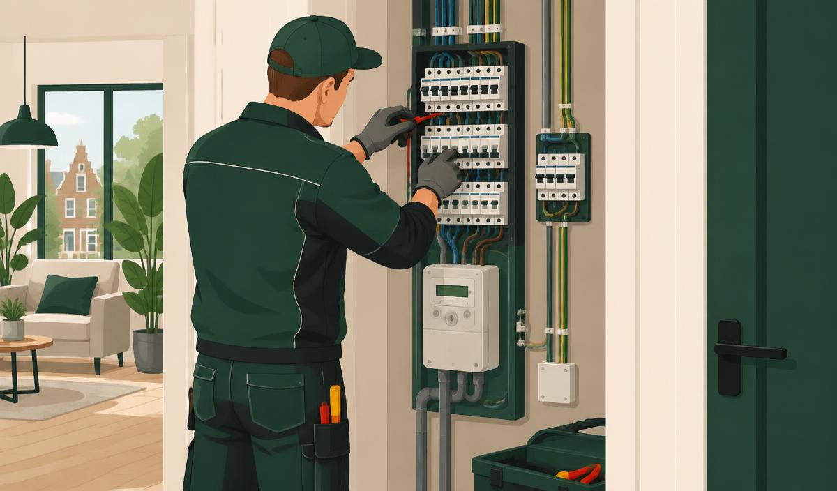Specialist aan het werk in een moderne meterkast met een aparte groep